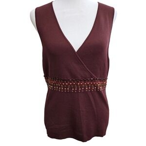 ANN TAYLOR LOFT Women Knit Sleeveless Wrap Front Beaded Embellishment Burgundy L